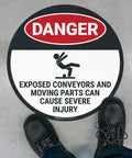 Warning Floor Decal For Machinery Areas Danger Exposed Conveyors And Moving Parts Can Cause Severe Injury on concrete floor