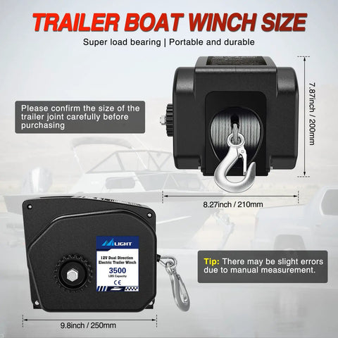 Beefy 3500 Lb Electric Boat Winch 12V DC With Remote Control And Hand Crank Portable Waterproof Reversible Trailer Winch For Boats with 210mm x 200mm size