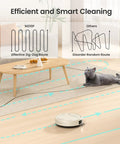 Slim Quiet Robot Vacuum With 2200Pa Suction For Pet Hair cleaning hard floor in zig-zag pattern, cat observing, M210 Pro model.