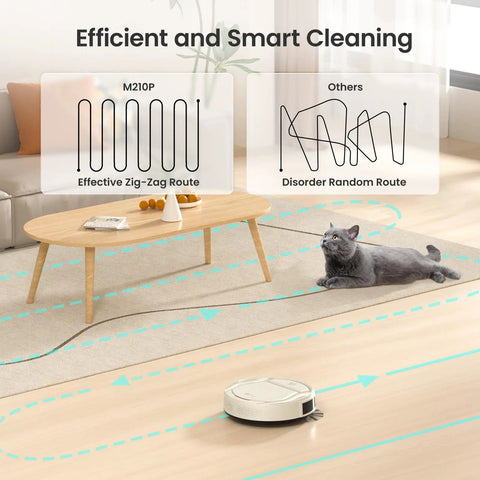 Slim Quiet Robot Vacuum With 2200Pa Suction For Pet Hair cleaning hard floor in zig-zag pattern, cat observing, M210 Pro model.