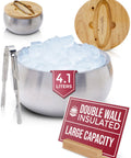 Large Double Wall Stainless Steel Ice Bucket With Lid And Tongs Bpa Free Drink Cooler filled with ice and label.