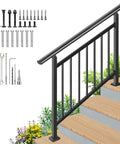 Heavy Duty Two In One Stair Handrail And Horizontal Railing Kit with tools and parts, installed on wooden stairs.