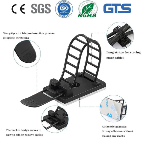 Adjustable Adhesive Cable Management Clips 50Pcs with long strap and buckle design, strong self-adhesive pad, black PA66 nylon