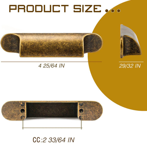 Dimensions of the 4 pack antique zinc alloy cabinet pulls with 3 inch hole centers brass finish, shown in multiple angles.