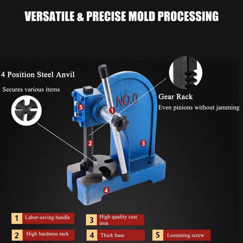 Heavy Duty Manual Arbor Press 3 Ton Cast Iron Desktop Punch Press Built Like A Tank For Tough Metal Stamping Bending Stretching And Precision Shop Projects with 4-position steel anvil.