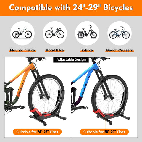 Red Bike Floor Stand For Garage Storage Portable Front And Rear Wheel Parking Rack Fits 24 To 29 Inch Bikes Tire Width Up To 3.5 Inches
