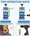 Portable Manual Wire Stripper Machine With Hand Crank Adjustable 0.06 To 1.57 Inch Cable Stripper For Drill, shown in manual and automatic operation.