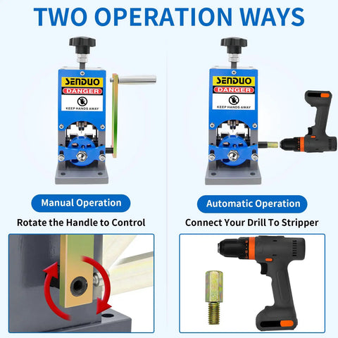 Portable Manual Wire Stripper Machine With Hand Crank Adjustable 0.06 To 1.57 Inch Cable Stripper For Drill, shown in manual and automatic operation.
