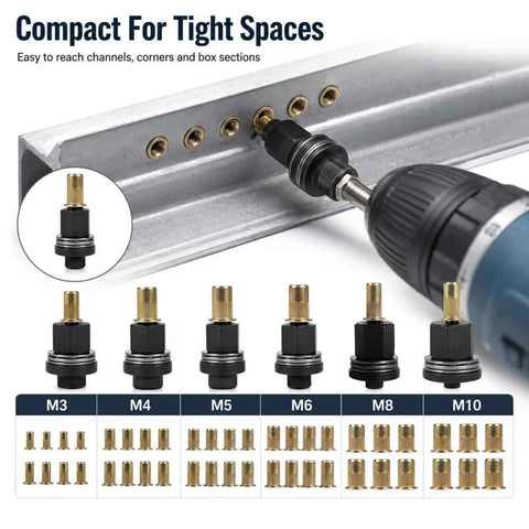 Heavy Duty Carbon Steel Rivet Nut Tool Set With M3 To M10 Metric Mandrels And Assorted Rivnuts Fits Drill For Fast And Reliable Metal Projects On Panels Brackets, compact drill fit