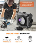 Air Scrubber With MERV 10 Pre Filter And HEPA Activated Carbon Filters For Pro Grade Commercial And Industrial Use 750 CFM Stackable Negative Air Machine With UV C Light And Four Stage Filtration For Odor Elimination beside worker using power tool on floor