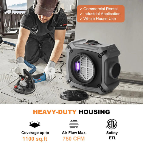 Air Scrubber With MERV 10 Pre Filter And HEPA Activated Carbon Filters For Pro Grade Commercial And Industrial Use 750 CFM Stackable Negative Air Machine With UV C Light And Four Stage Filtration For Odor Elimination beside worker using power tool on floor