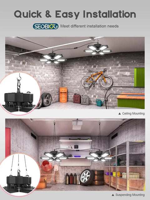 Ultra Bright Linkable Garage Light Kit 200W 20000LM 6500K LED Shop Light With Six Plus One Deformable Panels And Built In On Off Switch For Garage Ceiling And Workbench Plug In installed in garage.