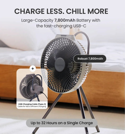 Warm Gray Rechargeable Portable Fan With 7800mAh Battery, USB C Charging, Four Speed BLDC Ultra Quiet Air Circulation, Tripod Mountable