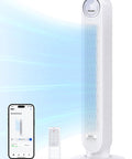 Bladeless 36-Inch Tower Fan For Bedroom, Ultra Quiet 28 dB with remote and smartphone app, showcasing WiFi and smart home control.