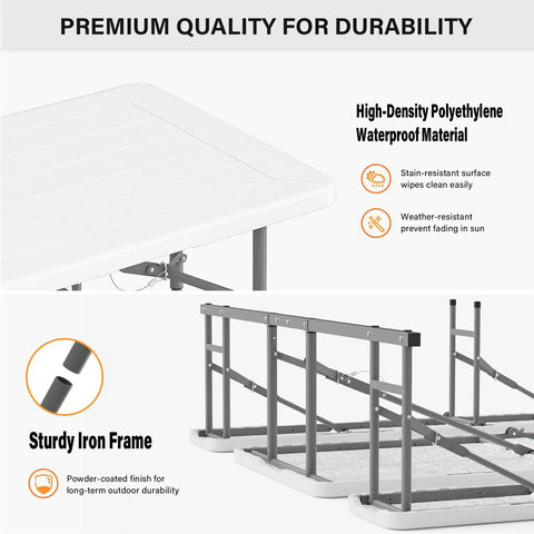 Folding Picnic Table And Bench Set With Wood Grain Plastic Top And Sturdy Metal Frame showing waterproof material and iron frame