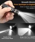 Hand holding Rechargeable Mini Magnet Flashlight 1200 Lumen Zoomable EDC Light With One Tap On Off And Stepless Dimming From 5 To 100 Percent Double Tap Strobe Pocketable Tiny Yet Mighty For Home Car Outdoors And Gear Box showing beam spread and description of features on gray background.