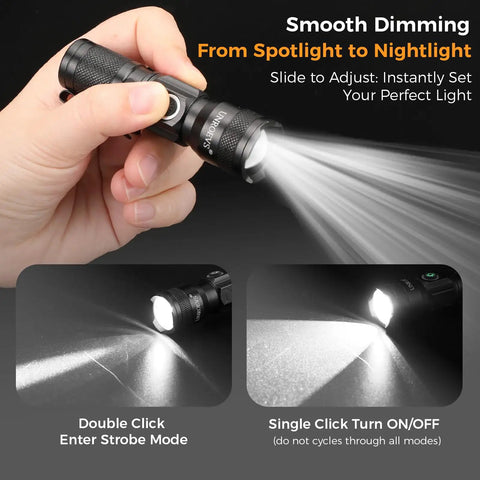 Hand holding Rechargeable Mini Magnet Flashlight 1200 Lumen Zoomable EDC Light With One Tap On Off And Stepless Dimming From 5 To 100 Percent Double Tap Strobe Pocketable Tiny Yet Mighty For Home Car Outdoors And Gear Box showing beam spread and description of features on gray background.
