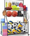 All In One Garage Gear Organizer With Rolling Cart Ball Rack Hooks Bins And Wire Basket Keeps Basketballs Baseball Gear And Toys Neatly Stored In Black
