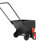 Four Wheel Spreader and Garden Cart for Lawn Fertilizer Grass Seed and Compost Topdresser with handle and wide wheelbase.