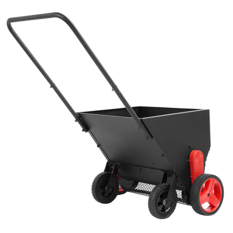 Four Wheel Spreader and Garden Cart for Lawn Fertilizer Grass Seed and Compost Topdresser with handle and wide wheelbase.