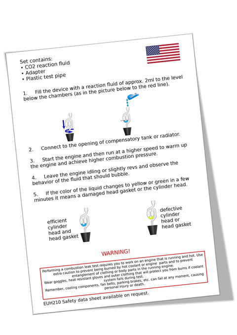 Instruction sheet for Head Gasket Tester Kit With Combustion Leak Detector 50 Tests showing procedure and warnings.
