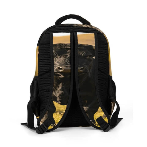 Back of Black Longhorn Bull Printed Unisex Backpack with large capacity, showing shoulder straps and smooth zipper detail.