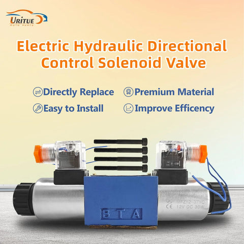 Front view of Uritue electric hydraulic directional control solenoid valve with transparent solenoids and blue BTA block.