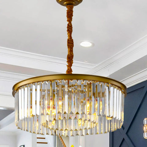 Gold Modern Crystal Chandelier Semi Flush Mount Ceiling Light Fixture 2 Tier K9 Crystal Hanging Pendant Light in elegant room