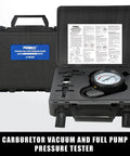 PESKO 6-piece vacuum gauge and fuel pump pressure tester kit, front view in a black hard case with dial gauge visible.