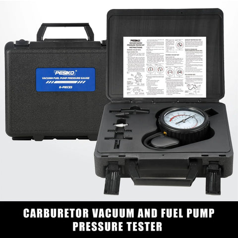 PESKO 6-piece vacuum gauge and fuel pump pressure tester kit, front view in a black hard case with dial gauge visible.