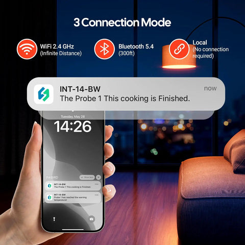 Three Mode Wireless Meat Thermometer With 360 Degree LCD Standalone Base And Four Probes displaying notification on smartphone