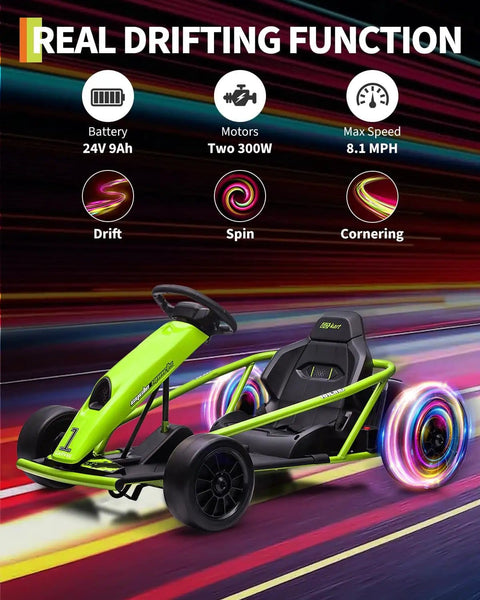 24V Electric Go Kart For Kids With Dual 300W Motors, 9Ah Battery, 8.1 MPH Speed, Full Metal Frame, Nylon Drifting Wheels, Green