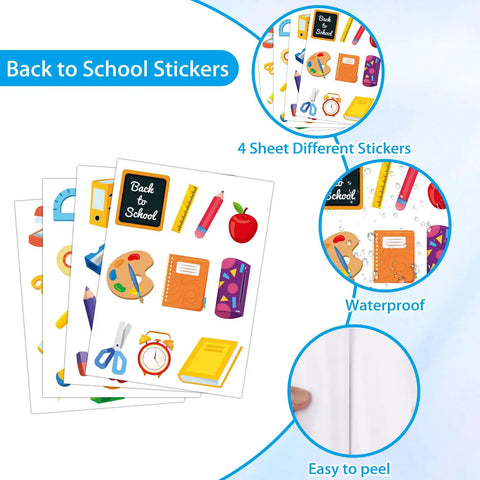 Totally Back To School Sticker Pack 47 Pcs Waterproof Decals with school-themed designs, including chalkboard, apple, and notebook.