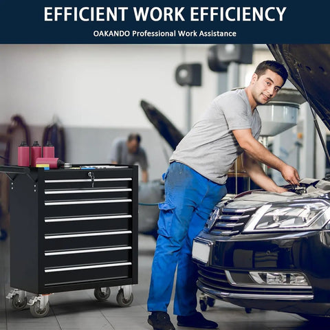 Man using 7-Drawer Rolling Tool Chest With Locking System, Beefy Heavy Duty Alloy Steel Cabinet On Wheels For Garage And Shop, Mobile Tool Storage Box With Powder Coating, Durable, Secure, Easy Access next to car