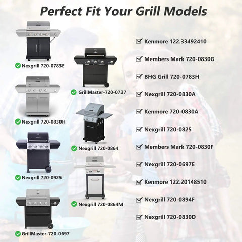 Chart of grill models compatible with Four Pack Porcelain Steel Flame Tamers Heat Plate Shields Fits 720-0697 Nexgrill 720-0783E