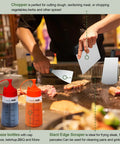 Chef using 237 Pcs Griddle Accessories Kit with chopper and scraper on flat top grill for outdoor BBQ.