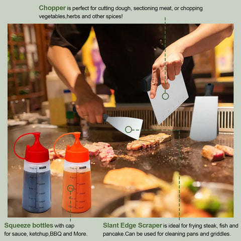 Chef using 237 Pcs Griddle Accessories Kit with chopper and scraper on flat top grill for outdoor BBQ.