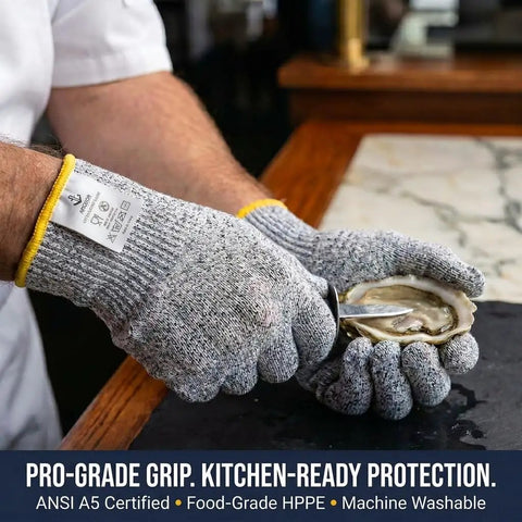 Person using Cut Resistant Kitchen Gloves ANSI A5 Level 5 HPPE For Mandoline Slicing And Oyster Shucking Food Safe Super Grippy Durable