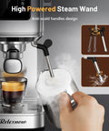 Heavy Hitter 20 Bar Espresso Machine Featuring A Sleek Beige Finish Built In Frother For Silky Lattes Quick Cold Brew Option And Zero Hassle Daily Grind Routine with high powered steam wand and frothing jug.