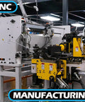CNC manufacturing machine with yellow tooling and metal frame in factory