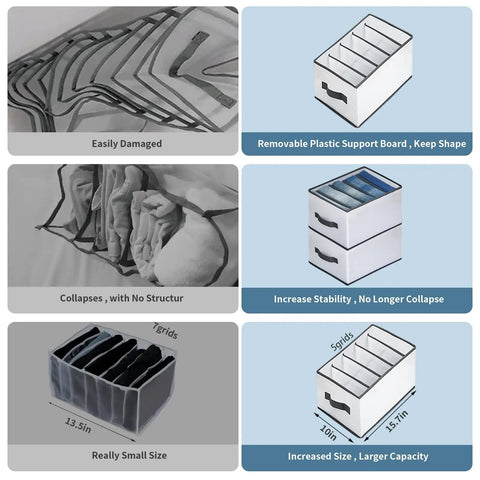 Comparison of 4 Piece Closet Organizers Set. Left shows small, unstable organizers; right shows large nylon mesh foldable organizers.