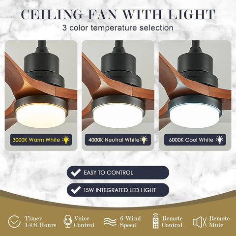 52 Inch Ceiling Fan With Lights For Indoor Outdoor Use Wood Blades Noiseless Three Blade Reversible DC Motor Modern Matte Black Ceiling Fan For Living Room Dining Room Bedroom And Summer House showing three light color options