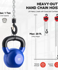 Front view of hand chain hoist with steel chain and hook; blue 1-ton kettlebell labeled 1T beside it