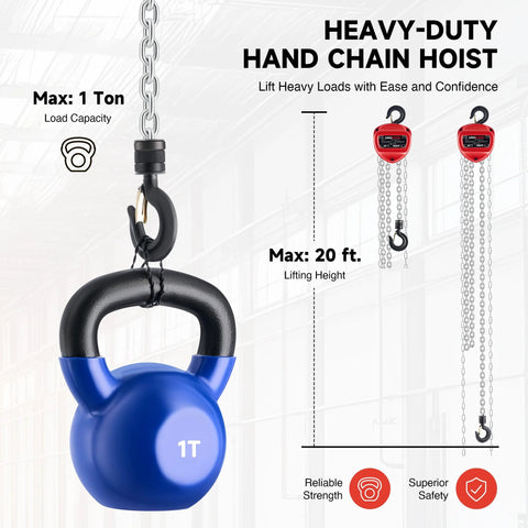 Front view of hand chain hoist with steel chain and hook; blue 1-ton kettlebell labeled 1T beside it