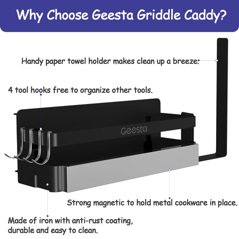 Diagram of Geesta griddle caddy for Upgraded Griddle Caddy For Blackstone 28 And 36 Inch Griddles And Weber Grills, showing features.