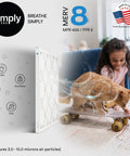 16x25x1 Air Filter For HVAC MERV 8 MPR 600 shown with child and cat, highlighting dust and allergy control features. Made in USA.
