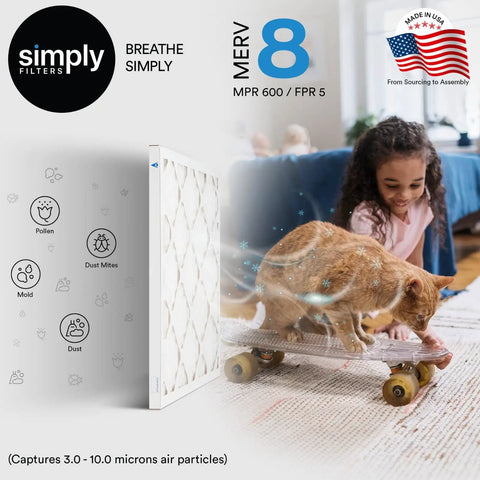 20x20x1 Air Filter MERV 8 MPR 600 12 Pack for HVAC Furnace with girl playing with cat and skateboard background