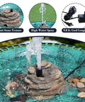 Durable Resin Rock Fountain With Realistic Stone Texture in action, showing water spray, brown finish, and 9.8 ft power cord.
