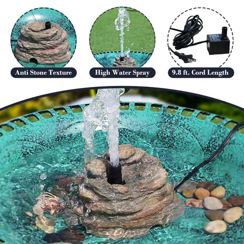 Durable Resin Rock Fountain With Realistic Stone Texture in action, showing water spray, brown finish, and 9.8 ft power cord.