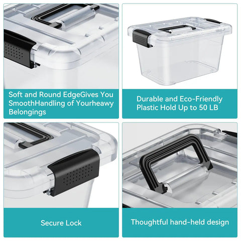 Stackable Plastic Storage Bins Set Clear 6 Quart Nestable Boxes With White Lids And Secure Latching Buckles 12 Pack features